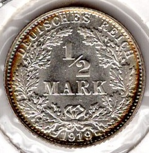 1/2 Mark 1919 E ​​German Empire Silver Coin