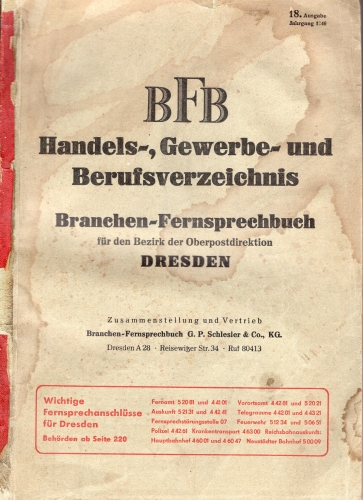 BFB trade, business and professional directory, branch telephone directory for the district of the Dresden Postal Directorate 1946