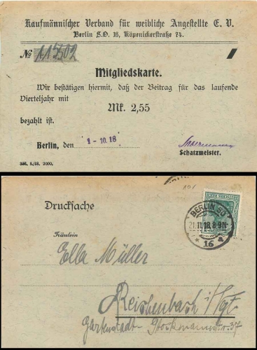 kaufmännischer Verband für weiblische Angestellte, Mitgliedskarte o 21.11.1918