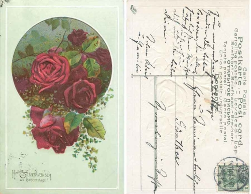 Rote Rosen mit Efeublätter Prägekarte o 14.11.1907Rote Rosen Geburtstagsprägekarte o 14.11.1907