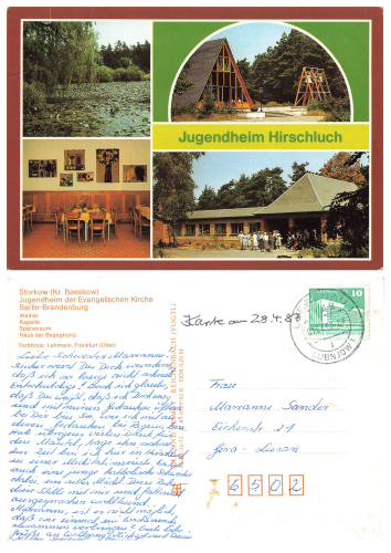 15859 Storkow Youth Home Hirschluch bilingual stamp Lubbenau1-Lubnjow1 1.4.1987