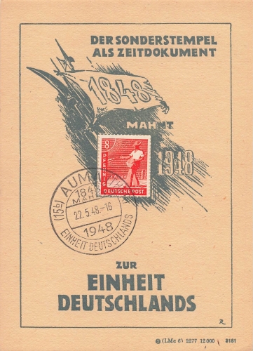 for the unity of Germany occasion card 1948 special stamp Auma Thuringia March 18, 1948