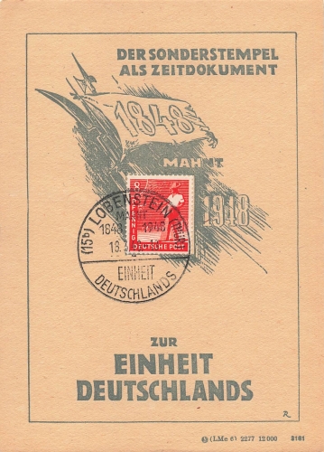 zur Einheit Deutschlands Anlasskarte 1948 Sonderstempel  Lobenstein 18.3.1948
