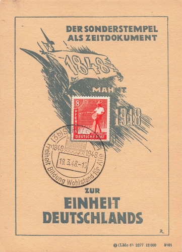 zur Einheit Deutschlands Anlasskarte 1948 Sonderstempel Stralsund