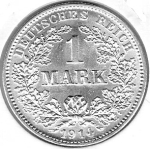 1 Mark 1914 G German Empire Silver Coin