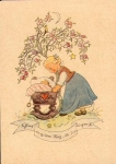 Girl with a cradle artist card * ca. 1940