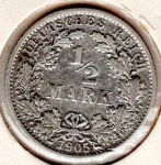 1/2 Mark 1905 F German Empire Silver Coin