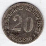 20 Pfennig 1874 G Imperial Silver Coin