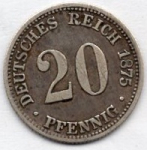 20 Pfennig 1875 B Imperial Silver Coin