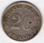 20 Pfennig 1876 G Imperial Silver Coin