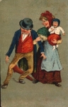 Frau mit Kind im Arm, Mann am anderen, Humor, Prägekarte, gebr. ca. 1920