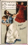 New Year, man dances with woman, wife joins, humor card * approx. 1920