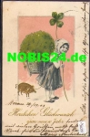 Pig child with clover carrying basket New year card embossing card o 30.12.1909