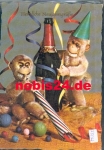 Plush monkey with bag and champagne bottle New year card used. circa 1970