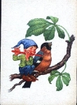 Dwarf plays flute with bird, robin, * approx. 1950