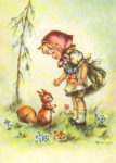 Eichhörnchen mit kleinem Mädchen Künstlerkarte * ca. 1950