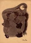 Owl observes children in the moonlight, artist card * approx. 1930