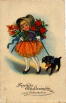Mädchen mit Blumen und Hund gebr. ca. 1910
