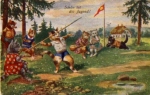 Cat throwing a javelin artist card, used around 1930