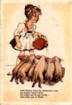 Girl feeds pigs, artist card H. Pexk, gebr. circa 1960