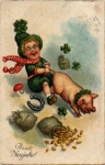 Child holds pig by the tail, coin sacks, toadstool, gebr. 1.1.1929