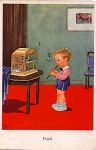 Boy playing flute in front of a canary in a cage, artist card, * approx. 1950