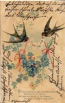 Swallows with letter garland and forget-me-not embossed card o 14.2.1905