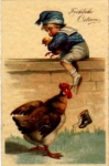 Chicken pulls child by sock Artist card o 28.3.1934