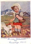 Girl feeds chickens and chicks artist card Arnulf *ca. 1940