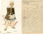 Mädchen mit Muff und Schlitten Künstlerkarte Hans Leu gebr.ca. 1920 ​​​​​​​Primus Karte Nr. 3302