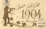 Glückwunsch 1904 Glücksklee Trompeter Goldprägekarte