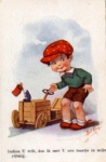 Boy with pedal car artist card Bob King br. 1938