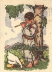 Boy with flute and geese artist card o April 4, 1947