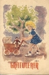 Girl with a doll's pram artist card o 1963