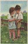 Girl and boy hug artist card * circa 1940