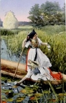 Spreewald traditional costumes Spreewald women with a boat on the water lily pond o 9.8.1925