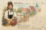 Traditional costume girl with rose basket artist card o 2.8.1899
