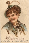 Traditional costumes man with feather hat New Year card 12/30/1900
