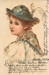 Traditional costume woman with plumed hat artist card o 7.2.1900