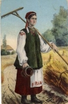 Farmer's woman in traditional costumes with rake and jug, * approx. 1910