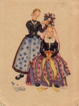 Traditional costumes, two women, bride artist card Hahn o 5.5.1948