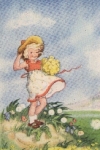 Girl with flowers artist card * around 1950