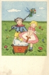 Girl boy with pram artist card * approx. 1940