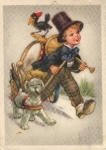 Boy, dog, bird, instrument drum trumpet artist card o circa 1950,