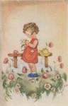 Girl with flowers artist card used circa 1945