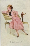 Woman on bench Man in the background artist card 
