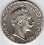 5 Mark Prussia 1907 A Kaiser Wilhelm II Silver Coin