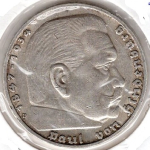 Jager 0367 - 5 Reichsmark 1936 D Hindenburg Swastika Silver Coin
