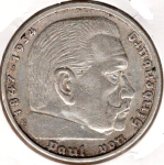 Jager 0367 - 5 Reichsmark 1936 E Hindenburg Swastika Silver Coin 