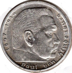Jager 0367 - 5 Reichsmark 1937 A Hindenburg Swastika Silver Coin